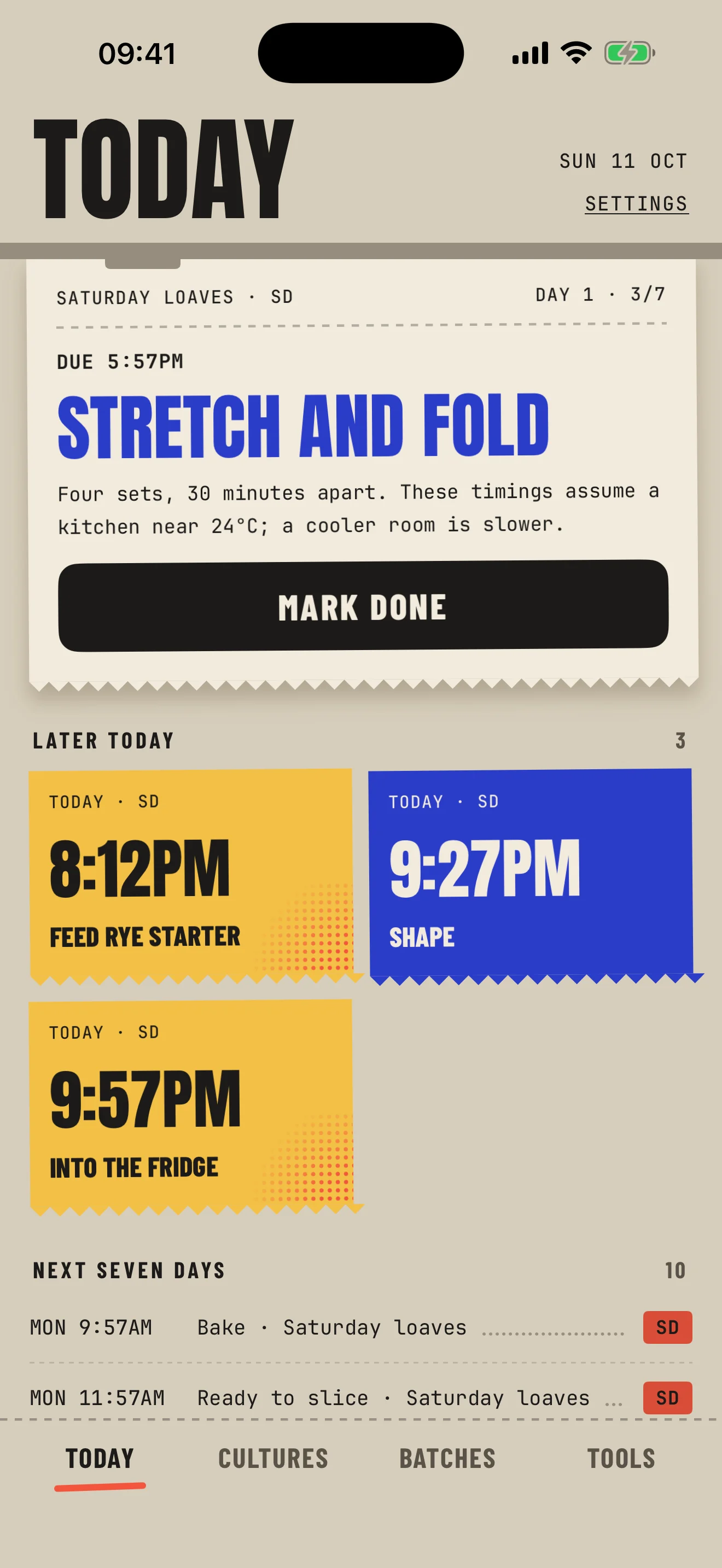 The Today screen: the step due next on a ticket, the steps later today as tiles, and the next seven days.