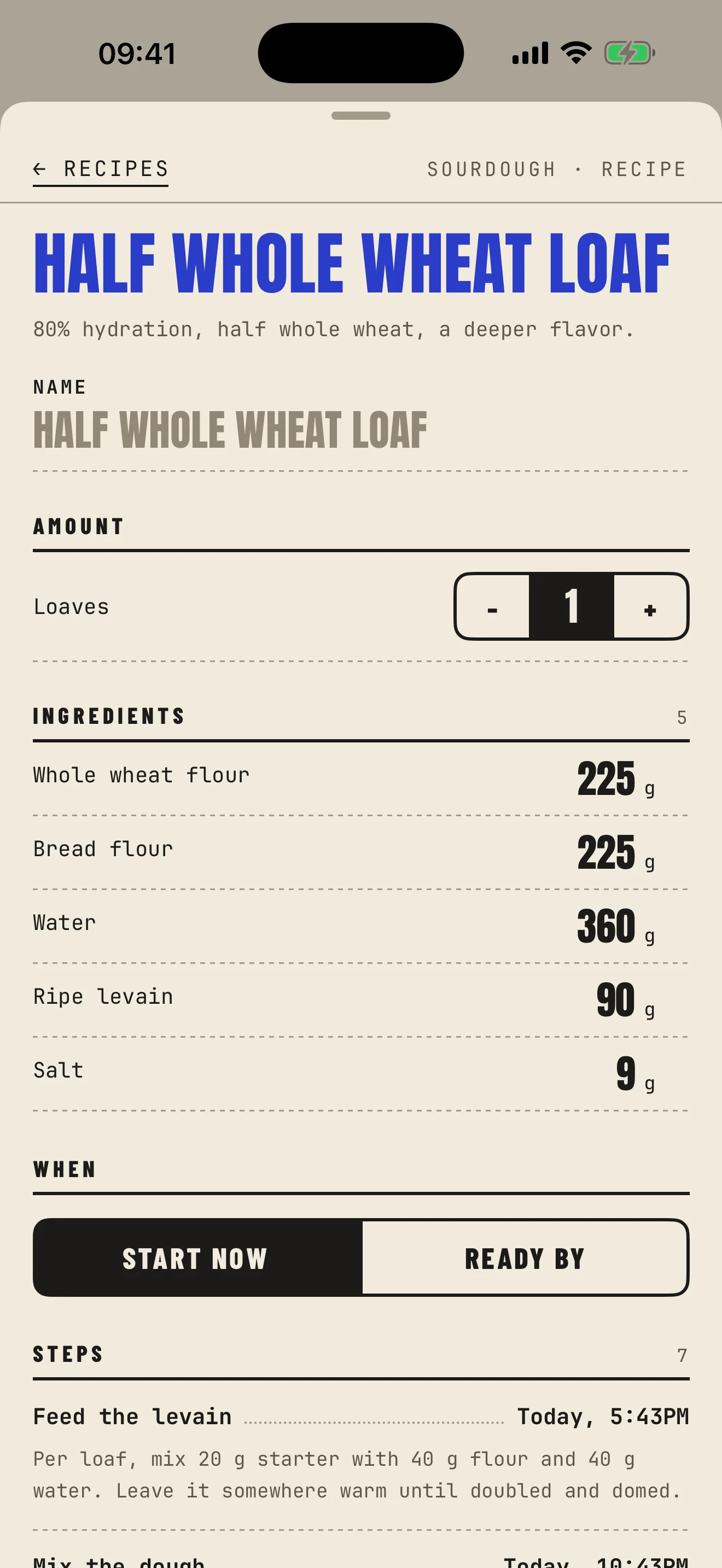 A recipe, Half whole wheat loaf: the number of loaves, the ingredients in grams, start now or ready by, and the timed steps.