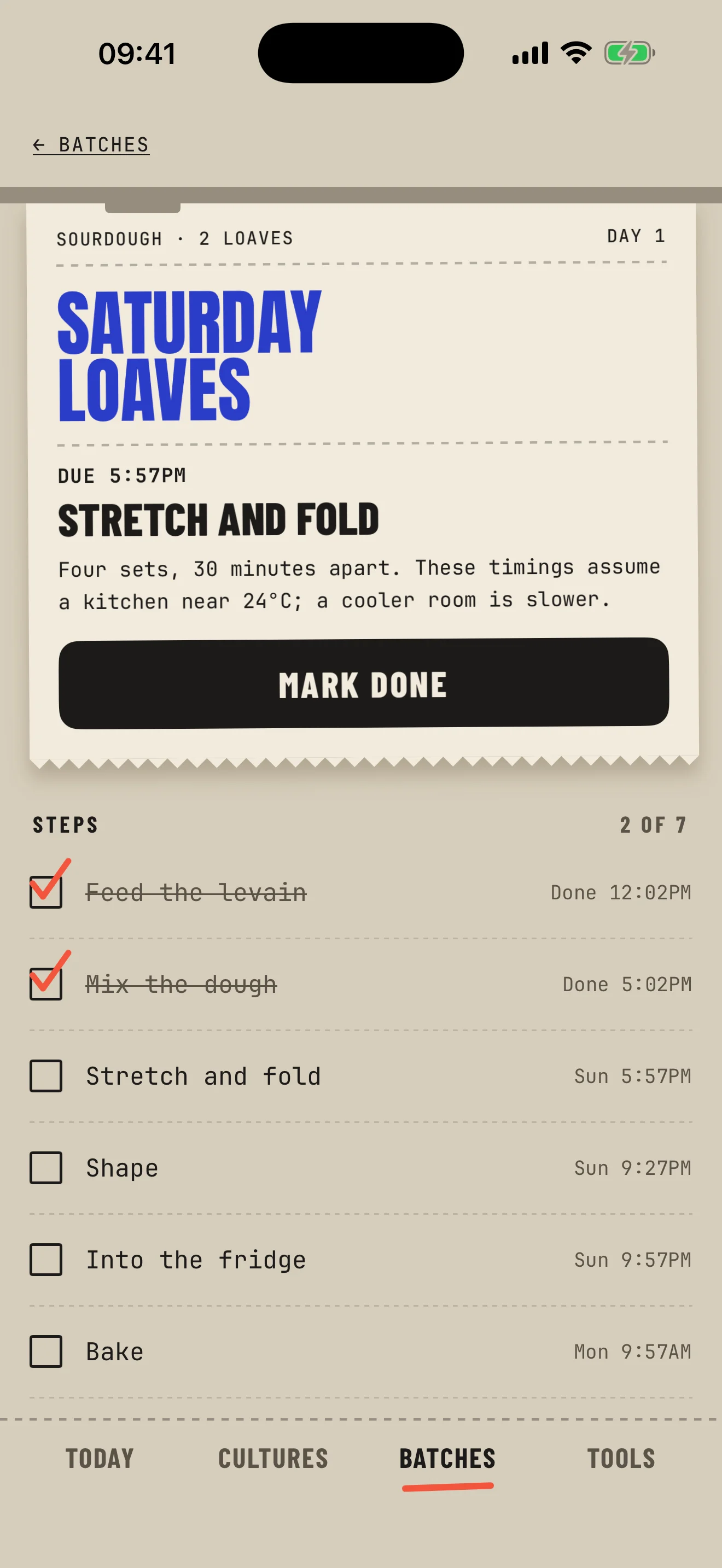 A running batch, Saturday loaves: the step due now on a ticket and the list of steps, two of seven done.