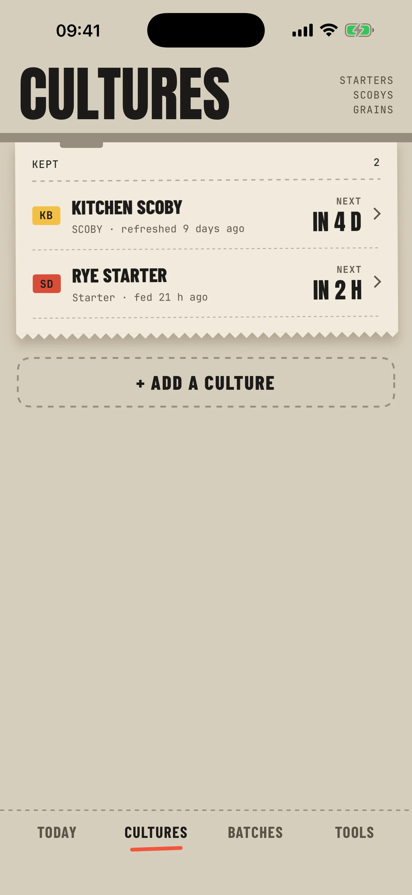 The Cultures screen: a kitchen SCOBY and a rye starter, each with when it is next due.